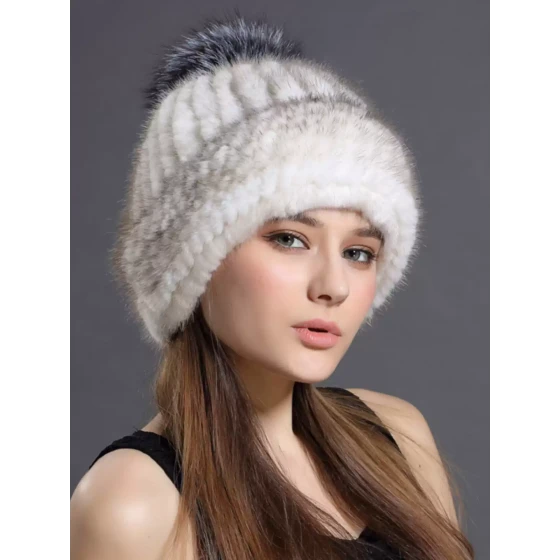 Women's winter thickened warm mink fur hat with ear flaps, mink fur knitted hat, fox puff hat