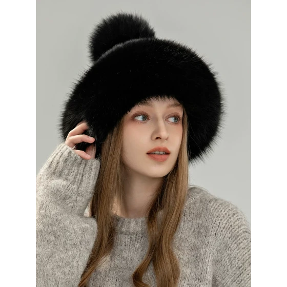 Mink hat with fox fur pom-pom