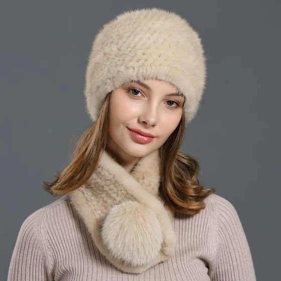 Mink hat scarf fox ball fur
