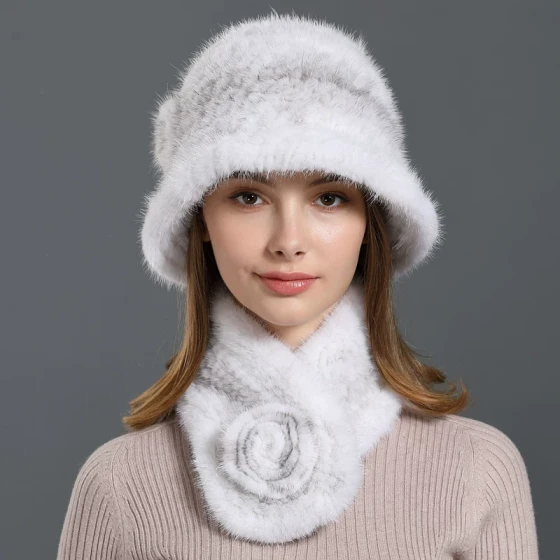 Mink fur outdoor warm earmuff hat knitted bucket hat scarf