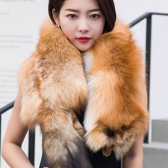 The whole fox scarf, ladies, red fox, real leather, grass fur